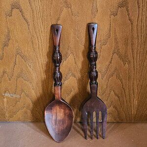 Vintage MCM 19" Carved Wooden Fork and Spoon Wall Decor Tiki Totem
